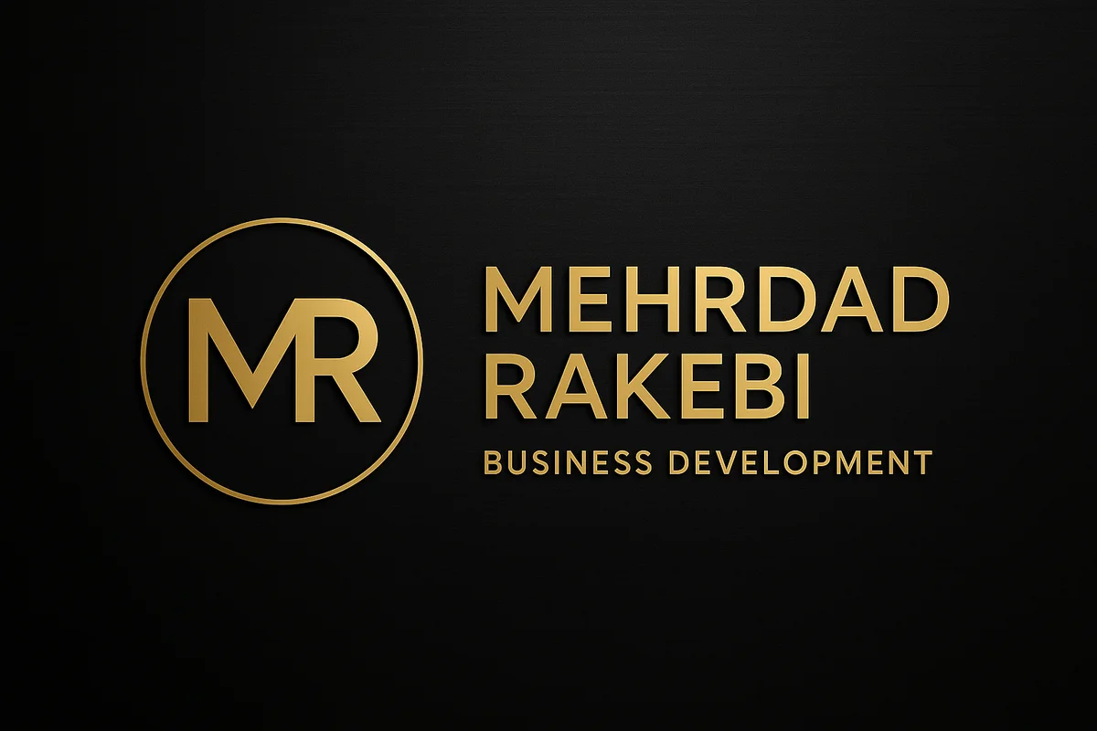 Mehrdad Rakebi — Business Development. Gold MR monogram and lettering on black.