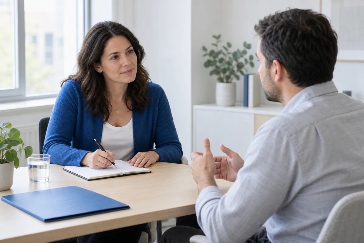 Illustrative structured interview, with attentive listening and note-taking.
