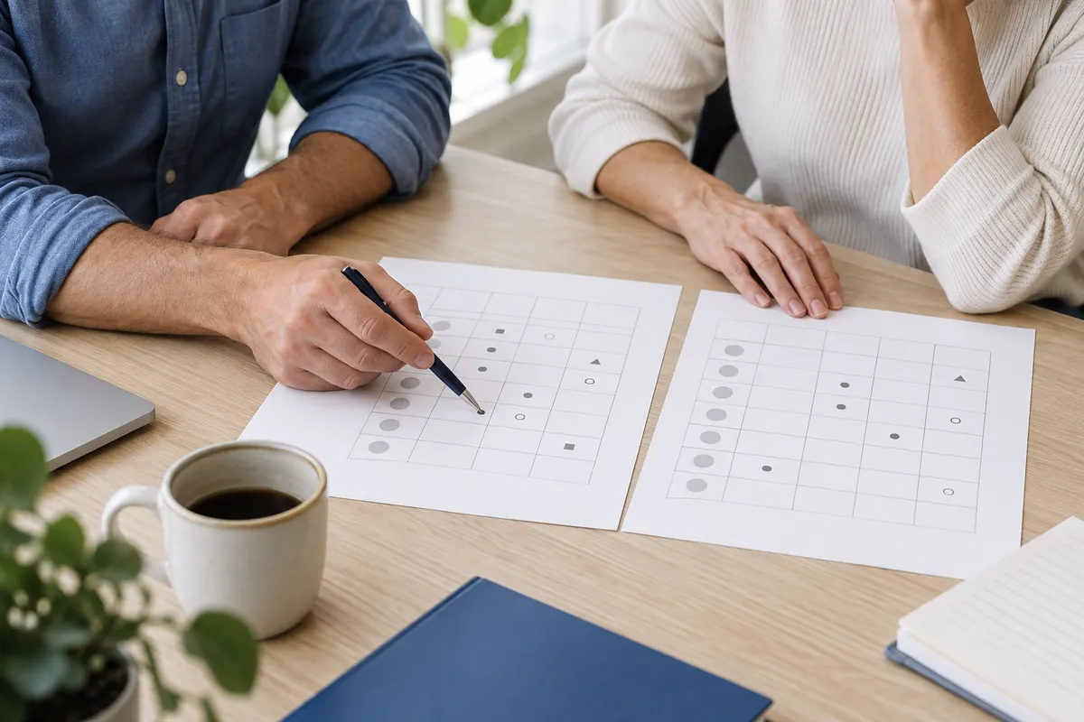 Illustrative hiring colleagues comparing anonymous assessment sheets.