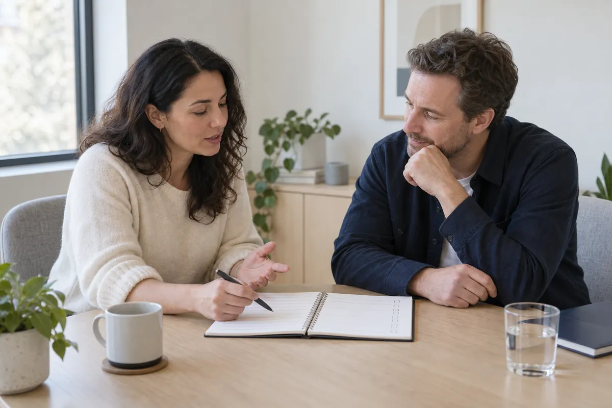 Illustrative manager and team member in a supportive performance conversation.