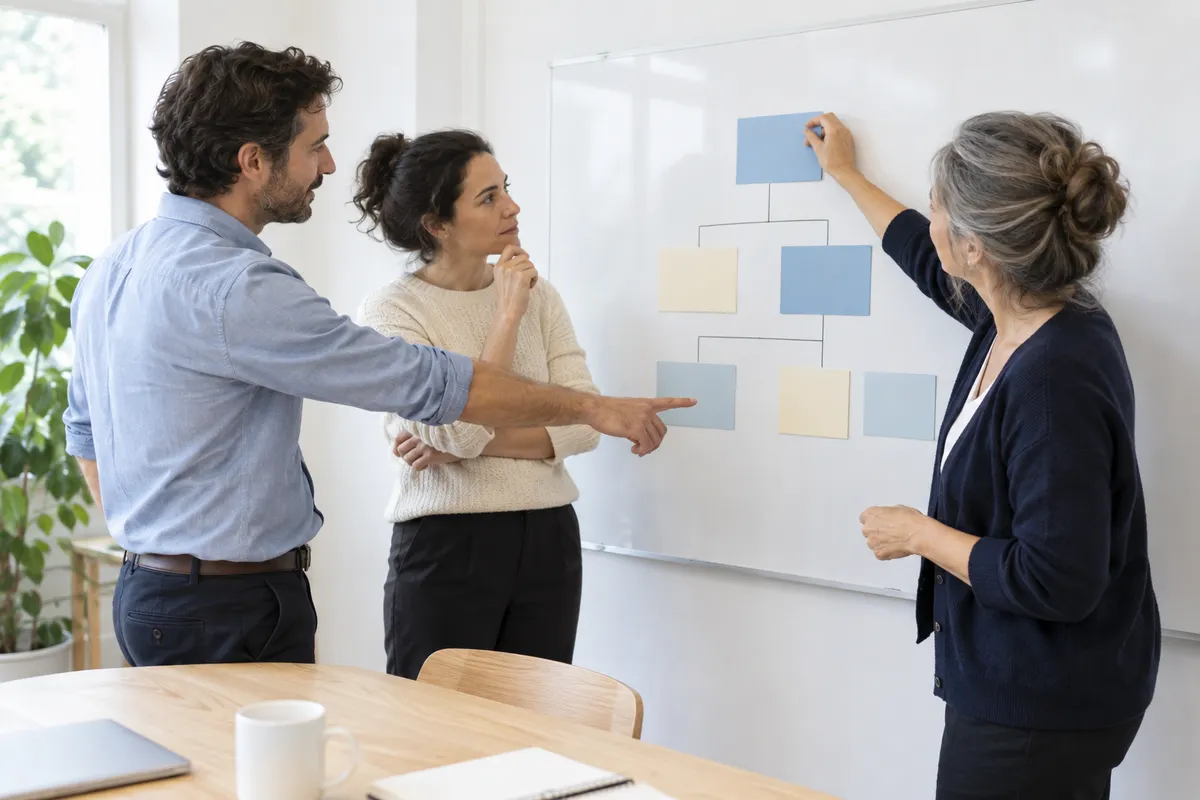 Illustrative team discussing responsibilities around a shared planning board.