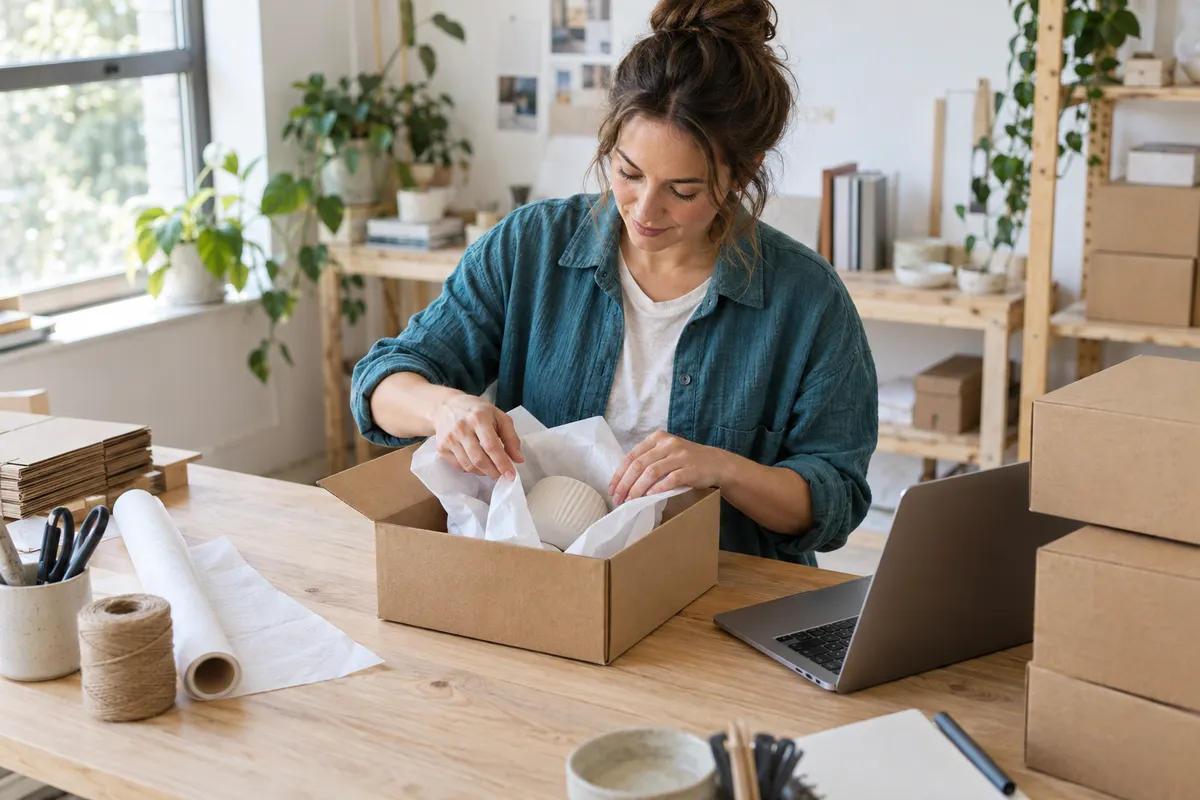 Illustrative small-business owner preparing a first shipment in a studio.