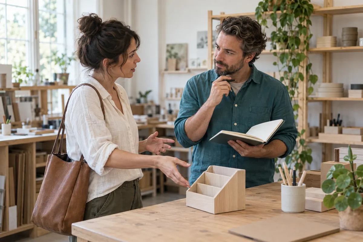Illustrative founder listening to a prospective customer in a small shop.