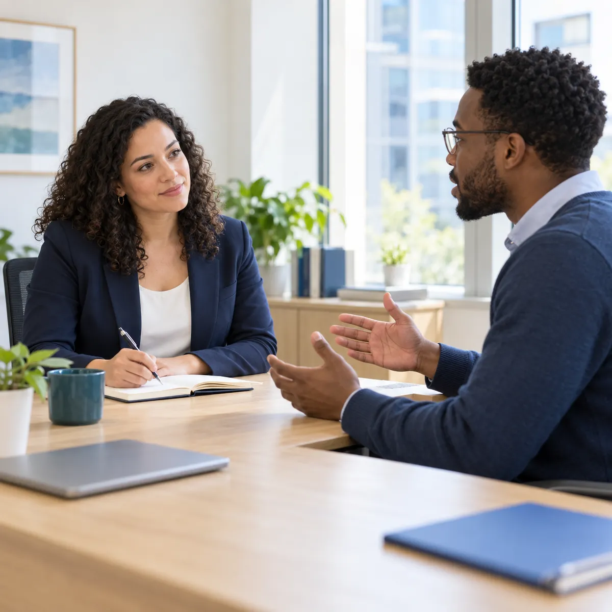 Illustrative structured interview with two professionals in a bright office.