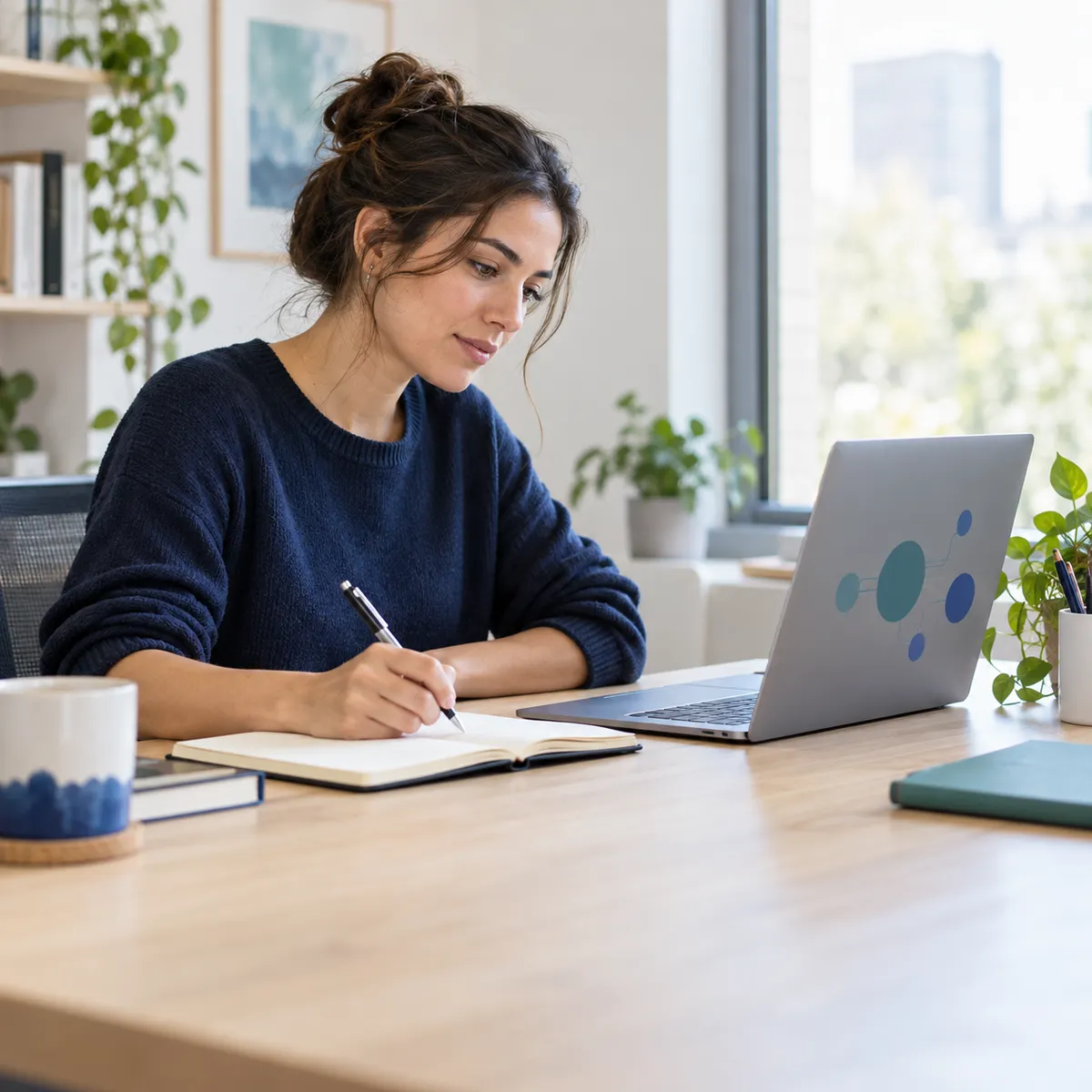 Illustrative learner taking notes while studying a business course on a laptop.